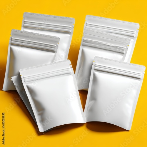 Obraz na płótnie Minimalist Mockup: White Stand-Up Pouches for Food or Product Packaging on a Bright Yellow Background w salonie