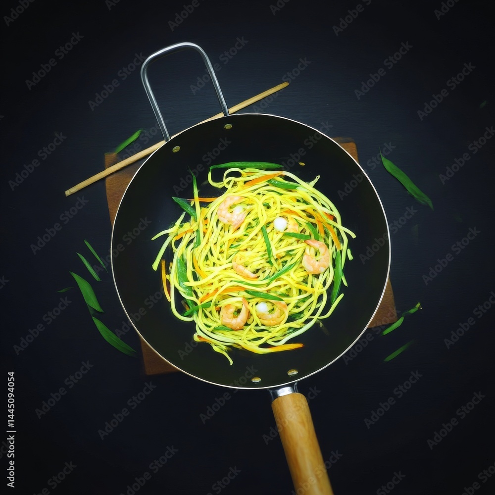 Shrimp Noodles in Wok: A Delicious Asian Dish Featuring Shrimp, Noodles, and Fresh Vegetables on a Dark Background