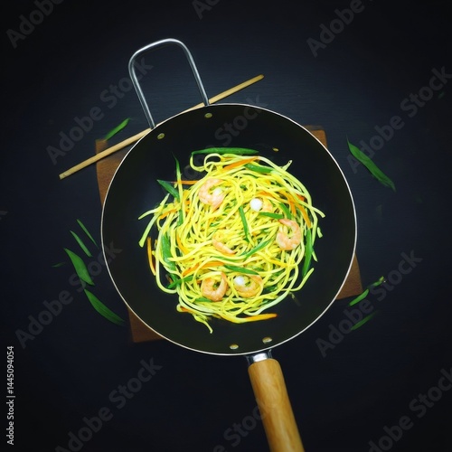 Obraz na płótnie Shrimp Noodles in Wok: A Delicious Asian Dish Featuring Shrimp, Noodles, and Fresh Vegetables on a Dark Background w salonie