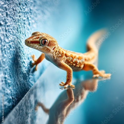 Small Gecko Climbing a Blue Wall with Reflection - Close-Up of a Lizard on Textured Surface