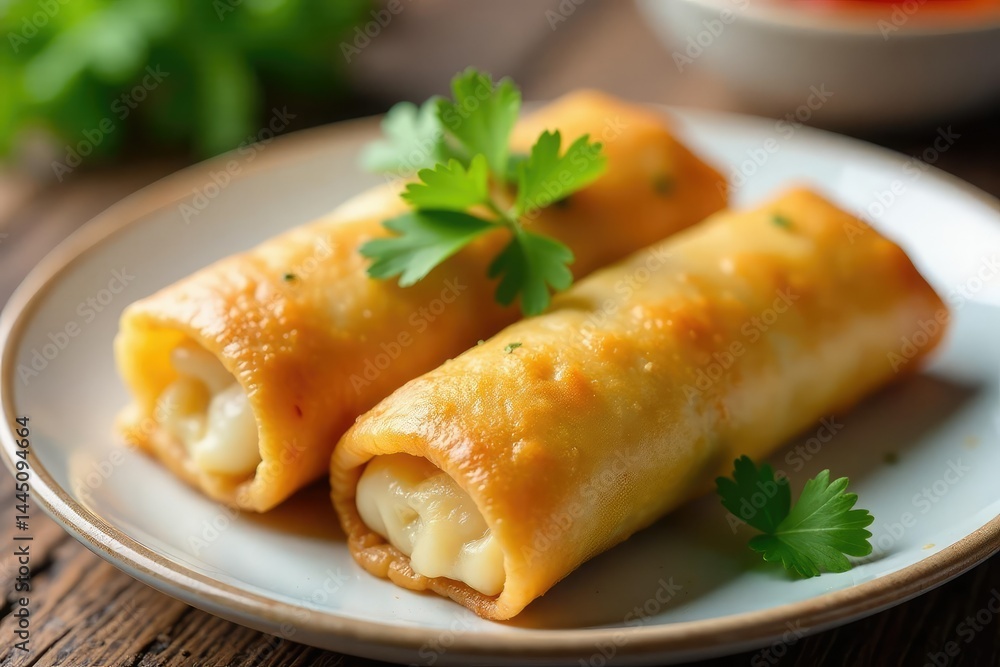 Crispy spring rolls arranged on a plate, garnished with cilantro, minimal, composition, light Crispy spring rolls arranged on a plate, garnished with cilantro, minimal, composition, light