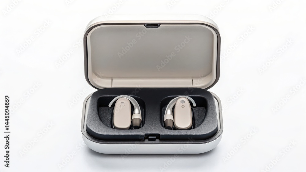 hearing aids device innovation concept High-quality hearing aids displayed in a sleek case for accessibility and convenience. hearing aids device innovation concept High-quality hearing aids displayed in a sleek case for accessibility and convenience.