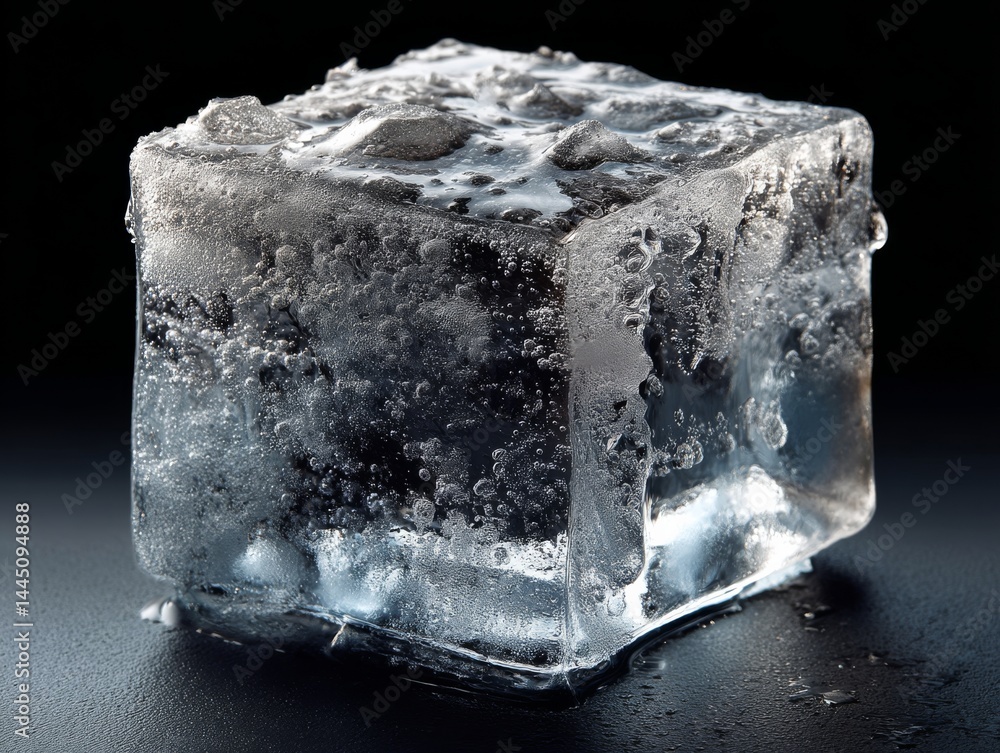 Obraz premium Clear ice cube with bubbles reflecting light against a dark background creates an intriguing visual effect
