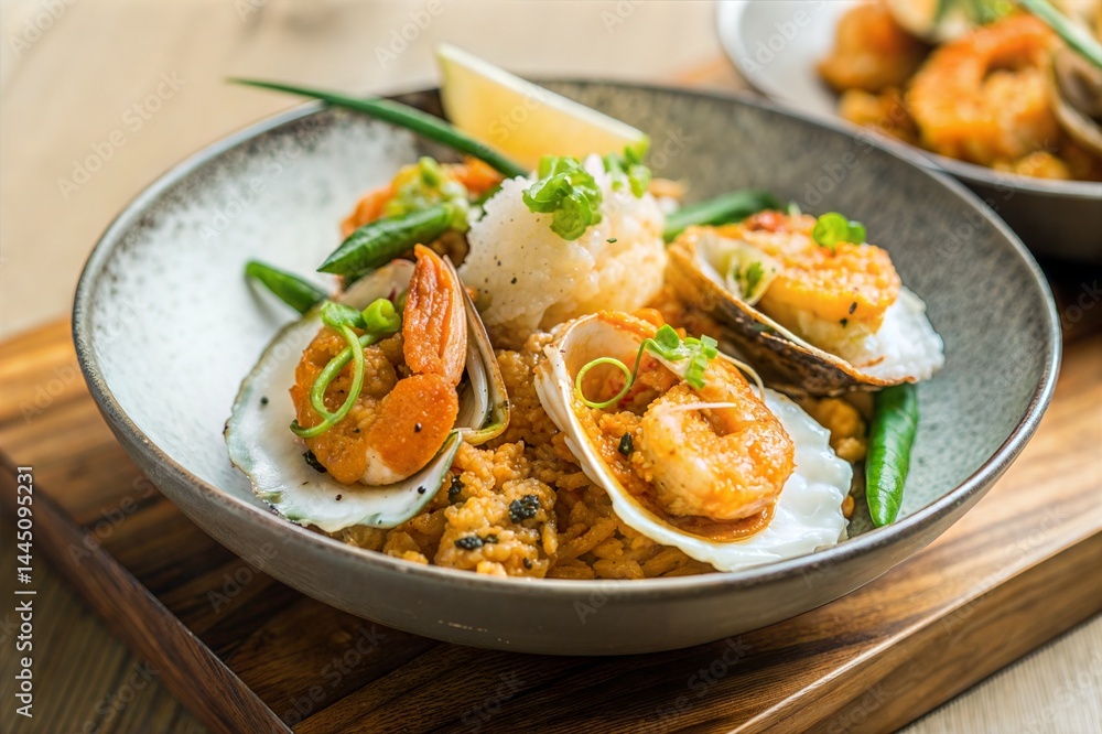 Tasty Shell Seafood Dish with Bright Orange Sauce and Garnish on Green Plate for Menus Tasty Shell Seafood Dish with Bright Orange Sauce and Garnish on Green Plate for Menus