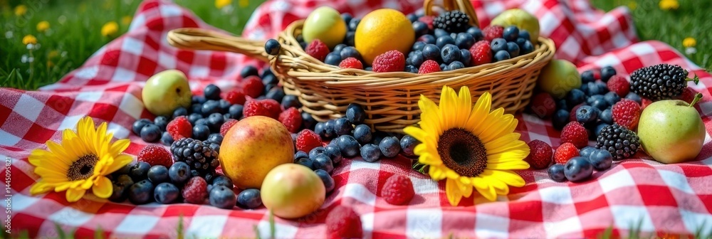 Naklejka premium Colorful summer picnic with fresh fruits and sunflowers on checkered blanket