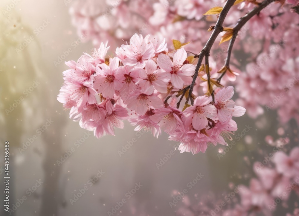 Naklejka premium Delicate pink sakura petals drift against a softly blurred background of a blossoming sakura tree , springtime, petals
