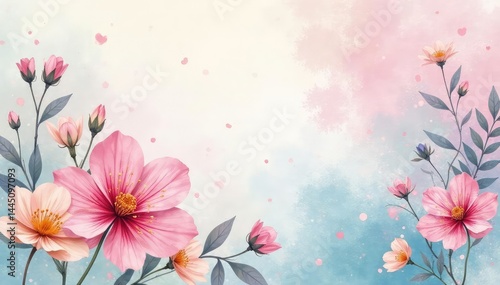 Delicate watercolor floral design, soft pastel tones, continuous, feminine, delicate