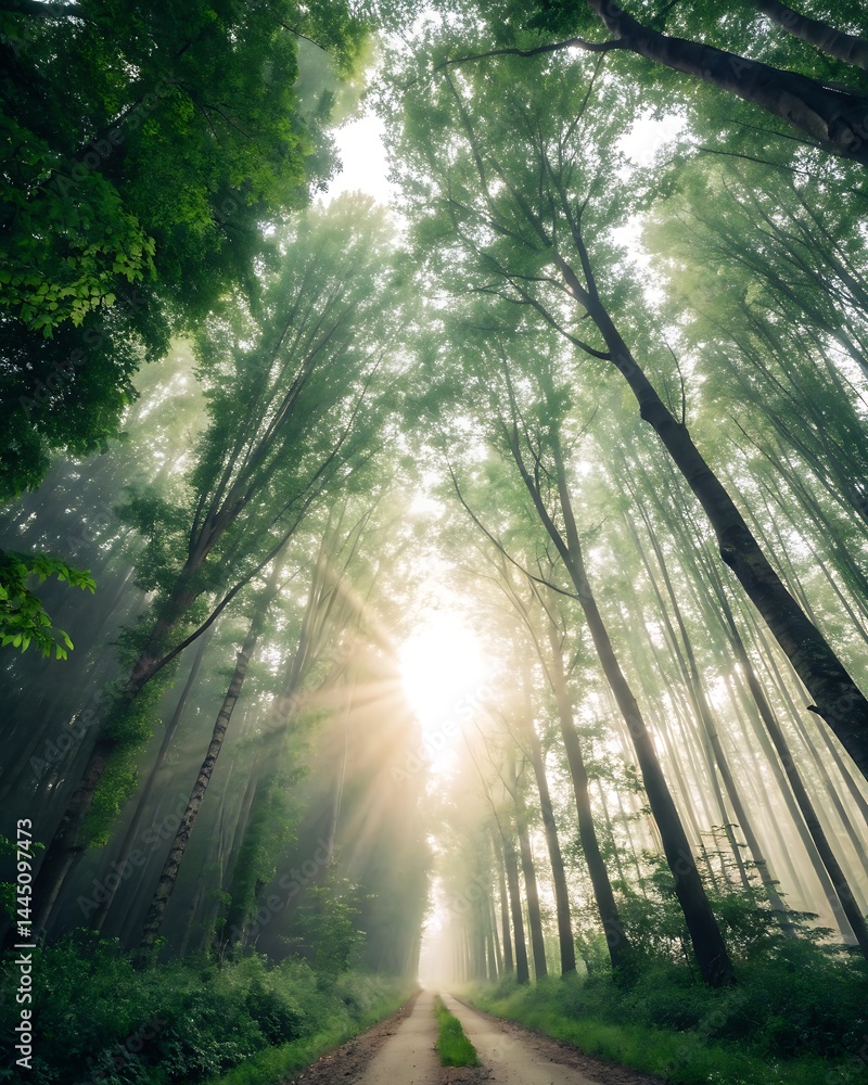 Obraz premium Sunlit Forest Trail: A breathtaking perspective, where towering trees converge towards a sunlit clearing, casting a dramatic play of light and shadow. The photograph captures the serenity of the path.