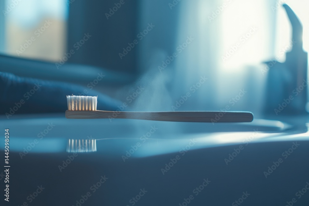 A bamboo toothbrush sits on a bathroom sink, slightly misty, suggesting freshness and hygiene. A bamboo toothbrush sits on a bathroom sink, slightly misty, suggesting freshness and hygiene.