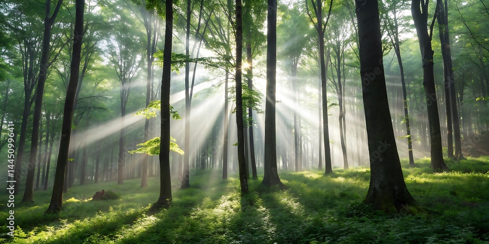 Fototapeta premium Sunbeams in the Forest: Mystical sunbeams pierce through the dense canopy of a tranquil forest, illuminating the verdant undergrowth in a breathtaking display of natural light. 