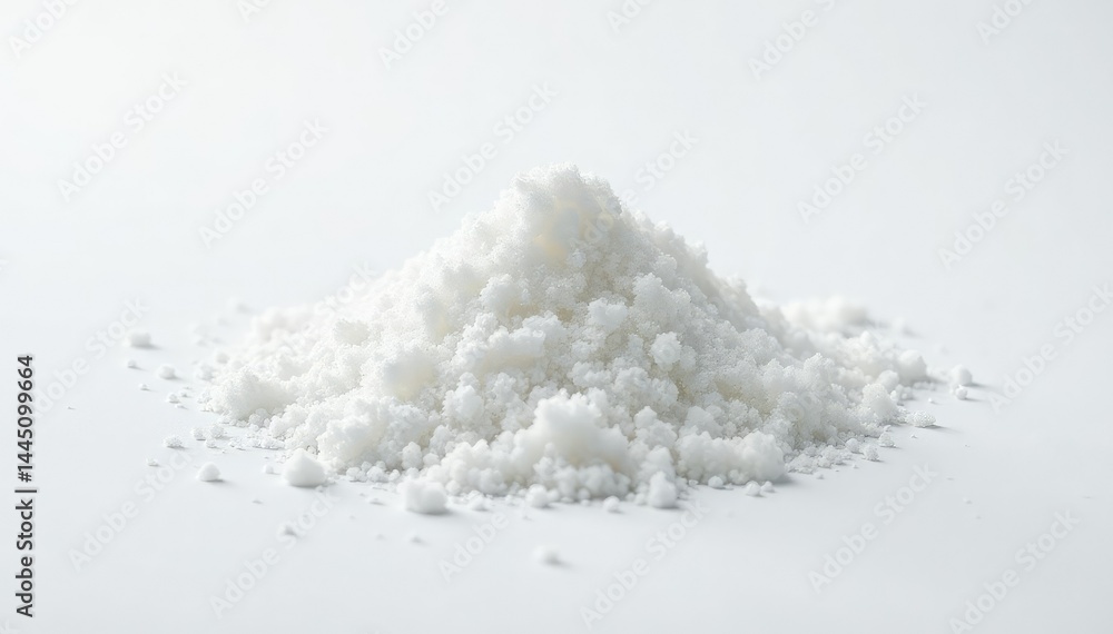 Pile of white sugar crystals on white backdrop, white backdrop, dessert, confectionery Pile of white sugar crystals on white backdrop, white backdrop, dessert, confectionery