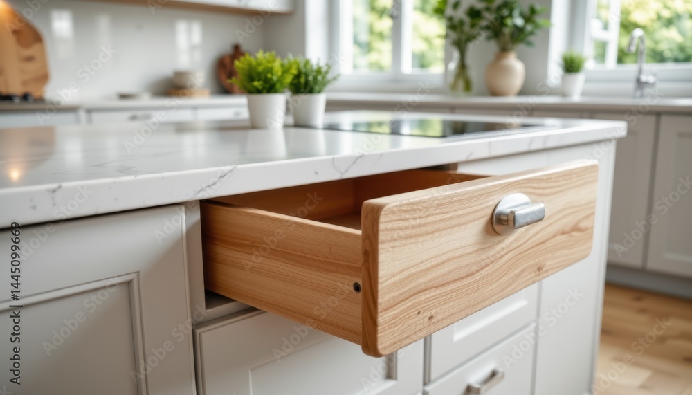 Organizing kitchen spaces open drawer in modern home interior design minimalist environment close-up view Organizing kitchen spaces open drawer in modern home interior design minimalist environment close-up view