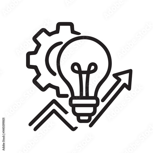 Illumination Innovation: A minimalist line art depiction of a light bulb, symbolizing the spark of idea, interwoven with gear, arrow, and graph, represents the dynamics of innovation.