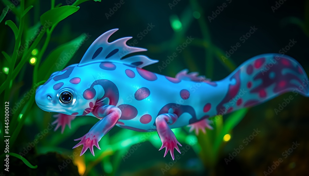 Blue and Pink Spotted Newt Creature Swimming Underwater with Green Plants and Bokeh Lights, A Colorful Marine Animal Illustration