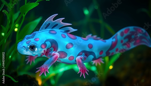 Obraz na płótnie Blue and Pink Spotted Newt Creature Swimming Underwater with Green Plants and Bokeh Lights, A Colorful Marine Animal Illustration w salonie