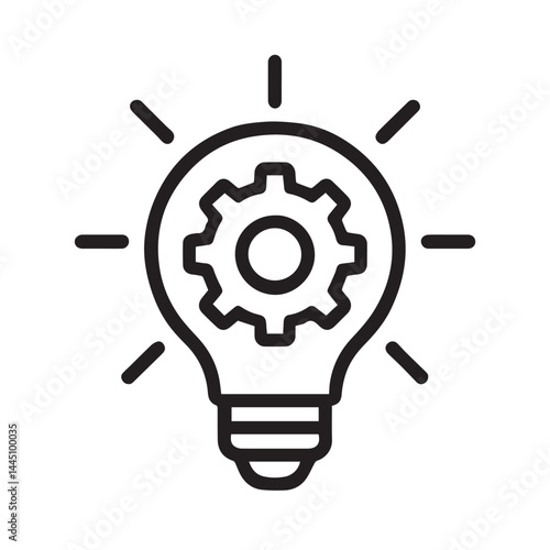 Illumination Idea: A conceptual black outline of a lightbulb encompasses a gear, symbolizing innovation and ingenuity, with radiant lines emanating outwards.