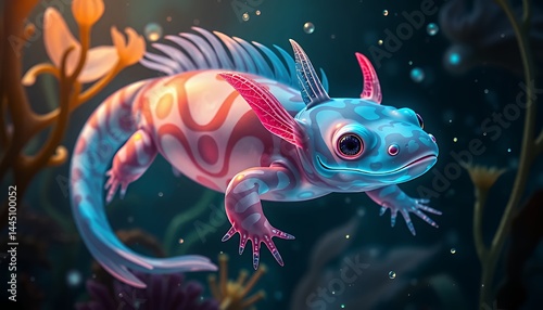 Obraz na płótnie Blue Axolotl with Pink Gills Swimming in Seaweed Coral Underwater Illuminated by Glowing Orbs For Decoration And Symbolize Earth Day Theme w salonie