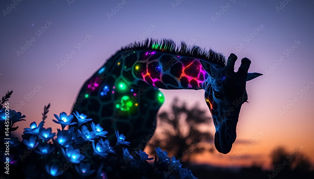 Close Up Neon Giraffe with Vibrant Lights against Dusky Sunset Sky with Glowing Flowers in Foreground Creating Fantasy Landscape Perfect for Decoration near Nature and Tech