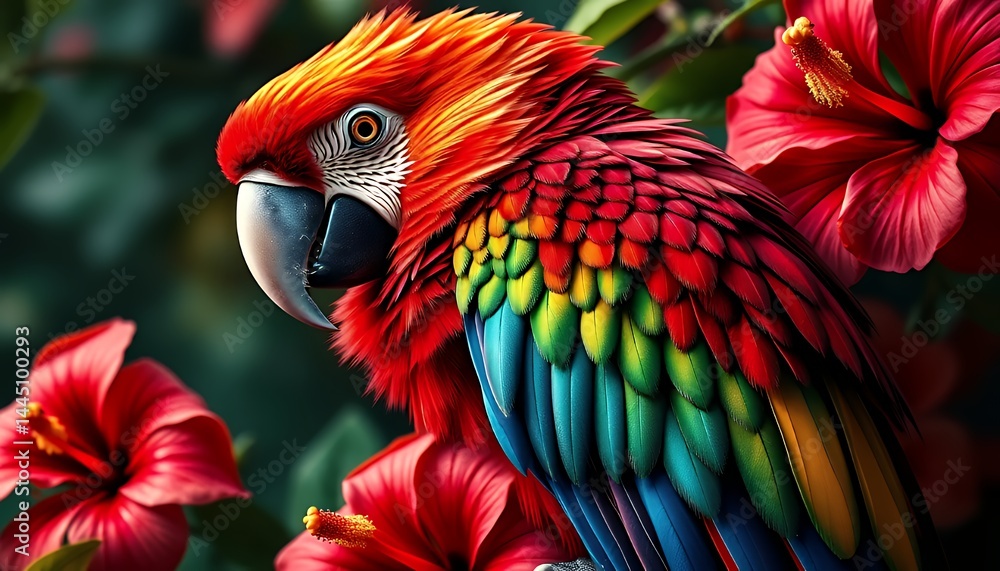 Close Up of Scarlet Macaw with Vibrant Plumage Surrounded by Red Hibiscus Flowers in Lush Green Foliage with Tropical Theme