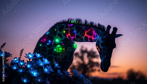 Obraz na płótnie Close Up Neon Giraffe with Vibrant Lights against Dusky Sunset Sky with Glowing Flowers in Foreground Creating Fantasy Landscape Perfect for Decoration near Nature and Tech w salonie