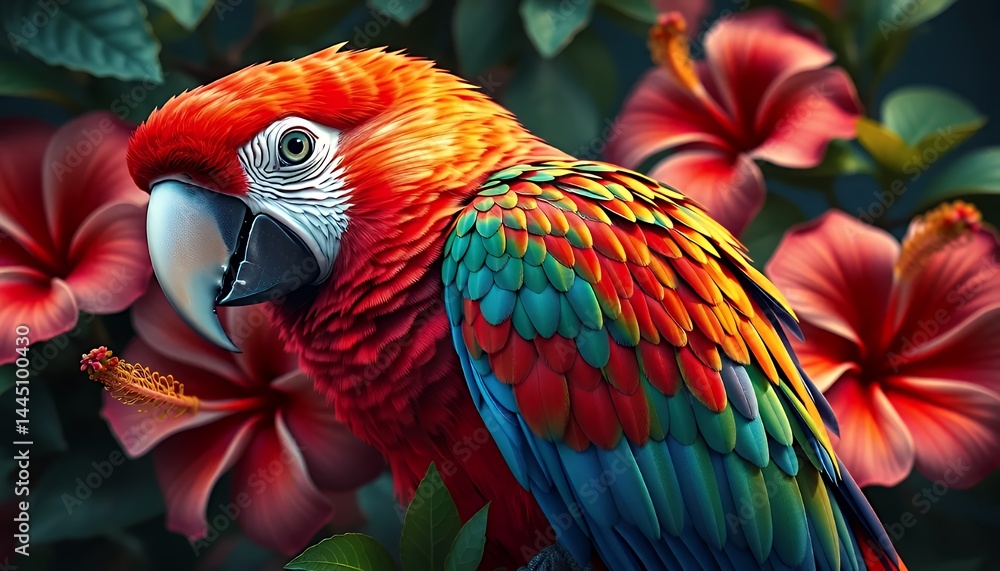 Close Up Scarlet Macaw Amid Red Hibiscus and Tropical Foliage Showcasing Multicolored Feathers in Natural Light for Vibrant Decoration and Exotic Theme