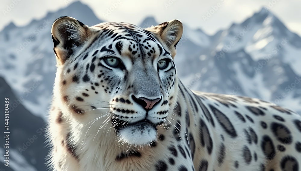 Close Up Portrait of Snow Leopard with Spotted Fur and Piercing Eyes in Snowy Mountain Background during Winter Season