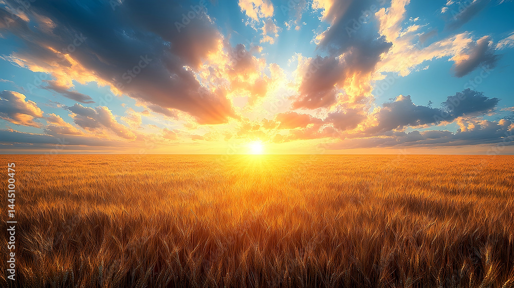 Fototapeta premium Golden Wheat Field Bathed in Warm Sunset Light Under Dramatic Cl