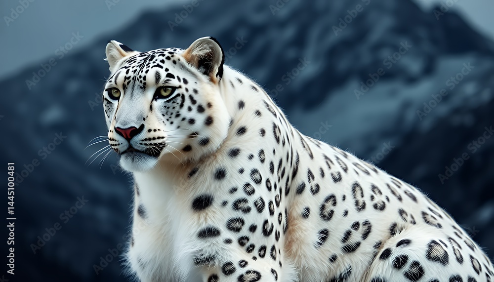 Close Up Snow Leopard with Striking Black Spots in Snowy Mountain Background with High Angle View, Brightly Lit Fur and Majestic Natural Habitat, Perfect for Decoration