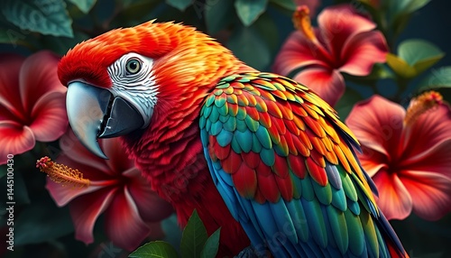Close Up Scarlet Macaw Amid Red Hibiscus and Tropical Foliage Showcasing Multicolored Feathers in Natural Light for Vibrant Decoration and Exotic Theme