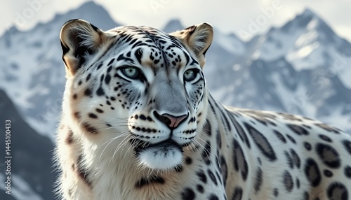 Obraz na płótnie Close Up Portrait of Snow Leopard with Spotted Fur and Piercing Eyes in Snowy Mountain Background during Winter Season w salonie