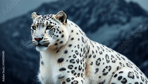 Obraz na płótnie Close Up Snow Leopard with Striking Black Spots in Snowy Mountain Background with High Angle View, Brightly Lit Fur and Majestic Natural Habitat, Perfect for Decoration w salonie