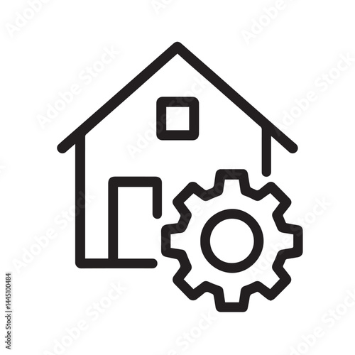 Home Improvement: A simple line art illustration depicts a house with a gear, symbolizing maintenance, repair, and renovation for residential properties.  