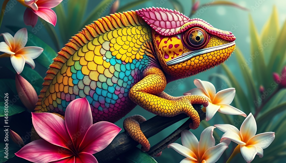 Colorful Chameleon Resting on Branch with Tropical Flowers with Mosaic Texture in Vivid Shades Against Lush Foliage Creating a Whimsical Scene