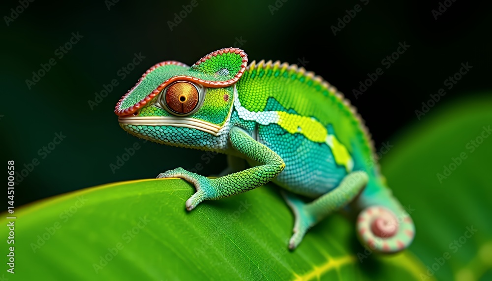 Colorful Chameleon Resting on Green Leaf with Intricate Skin Detail in Bright Light Exotic Reptile Wildlife Portrait