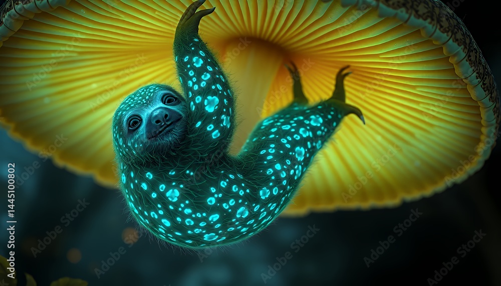 Cute Sloth Hanging Upside Down from Glowing Yellow Mushroom in Fantasy Forest Wildlife Animal with Blue Spots Adorable Magical Creature High Angle Enchanting Scene