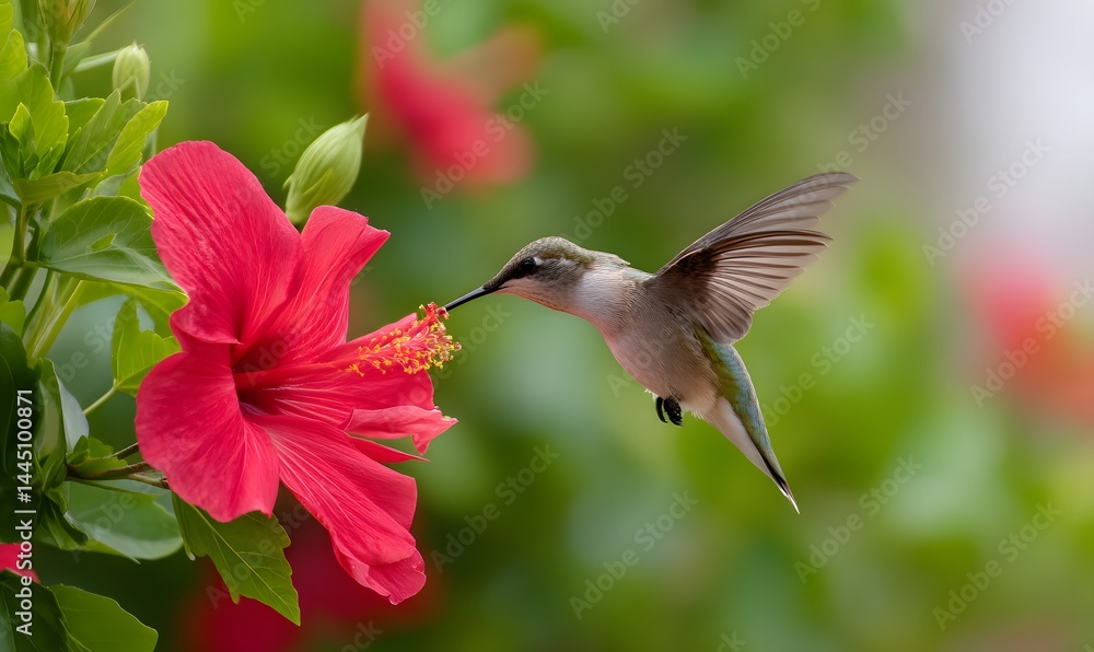 Fototapeta premium Tiny hummingbird drinking nectar from a giant vibrant hibiscus flower, Generative AI