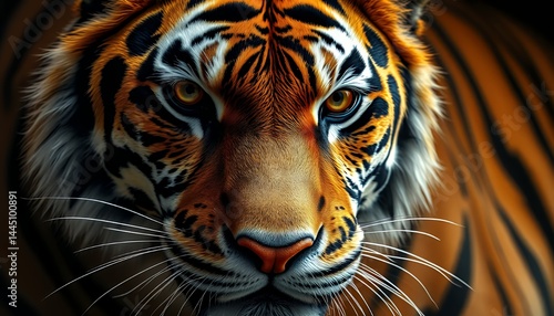 Detailed Close Up of a Majestic Tiger Face with Striking Orange and Black Fur Displaying Intense Gaze of Wildlife in Nature Photography