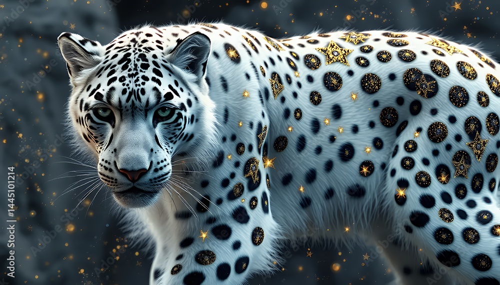 Elegant Snow Leopard with Gold Spotted Fur in Digital Art Style Wildlife Portrait