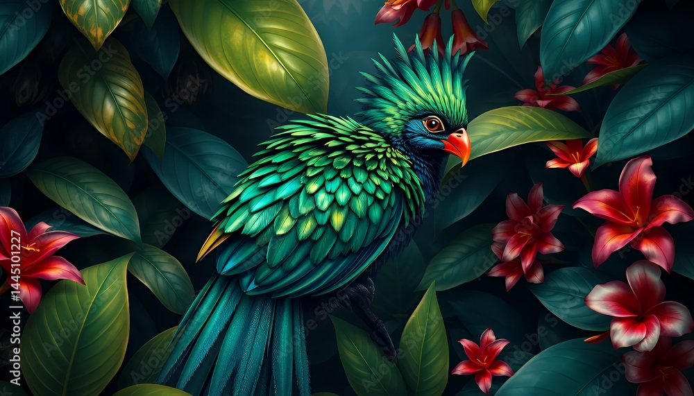 Exotic Bird With Green and Blue Plumage Amidst Tropical Leaves and Red Flowers Nature and Wildlife Illustration