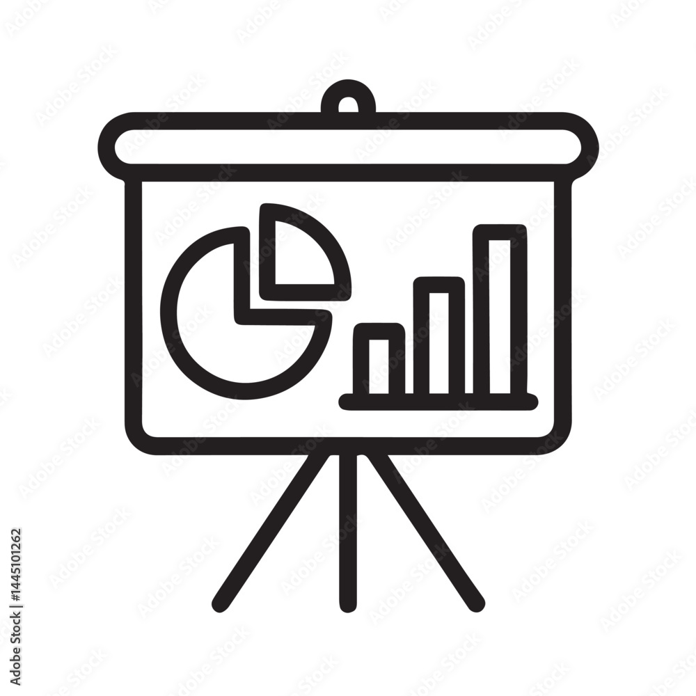 Presentation Board with Charts: A simple line drawing of a presentation board displaying charts depicting data trends. Ideal for illustrating business presentations, statistics, or data analysis. Presentation Board with Charts: A simple line drawing of a presentation board displaying charts depicting data trends. Ideal for illustrating business presentations, statistics, or data analysis.