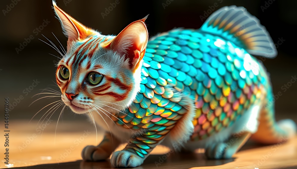 Fantastic Cat Fish Hybrid with Iridescent Scales Standing on Polished Wood Surface in Soft Lighting Perfect for Decoration
