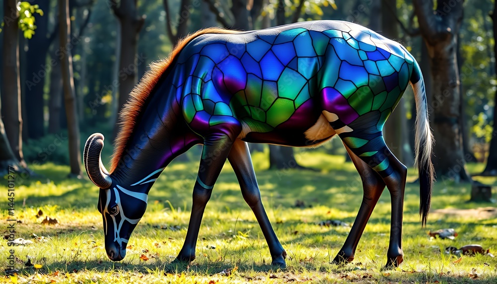 Fantastical Mosaic Animal Grazing in Sunlit Forest Clearing with Iridescent Hues, Creating a Dreamlike Scene Perfect for Decoration and Representing Nature and Imagination