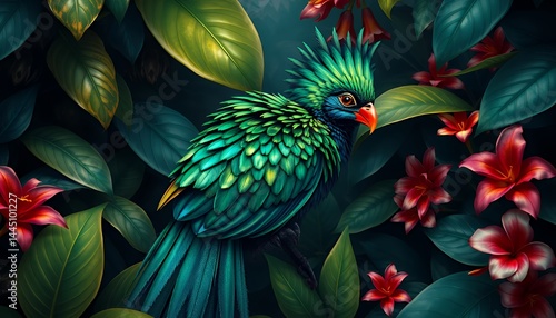 Exotic Bird With Green and Blue Plumage Amidst Tropical Leaves and Red Flowers Nature and Wildlife Illustration