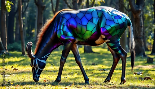 Fantastical Mosaic Animal Grazing in Sunlit Forest Clearing with Iridescent Hues, Creating a Dreamlike Scene Perfect for Decoration and Representing Nature and Imagination