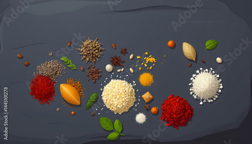Different spices and herbs on black stone table top view. Ingredients for cooking. Food background. with white shades