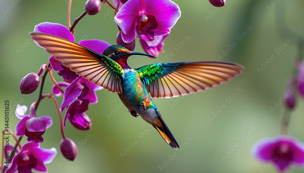 Hummingbird Hovering Near Purple Orchids with Iridescent Plumage in a Blurred Green Background Showing Its Colorful Wings and Exotic Flora Perfect for Decoration and Wildlife Enthusiasts