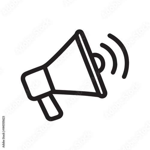 Megaphone Icon: A bold black outline of a megaphone, symbolizing announcements, marketing, and communication, against a plain backdrop, suitable for design or infographics.