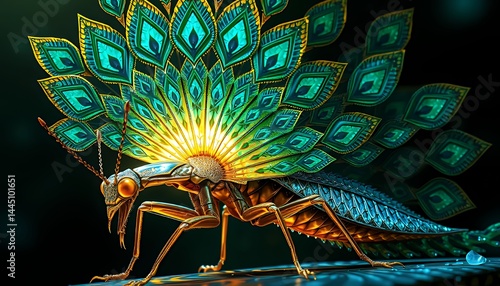 Obraz na płótnie Insect Inspired Peacock Feather Teal and Gold Design on Black Background w salonie