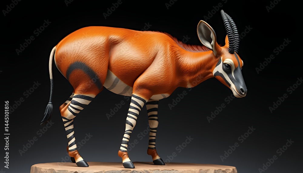 Isolated Saola with Striking Black Face and Patterned Legs Standing Sideways On Brown Platform Against Dark Background Perfect For Decoration and Educational Purposes