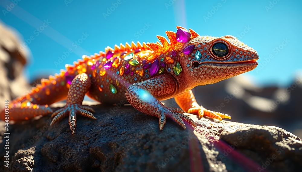 Jeweled Lizard Resting on Rocky Terrain with Bright Blue Sky in Desert Wildlife Animal Nature Reptile Exotic Colorful Scales Gems Rocks Close Up